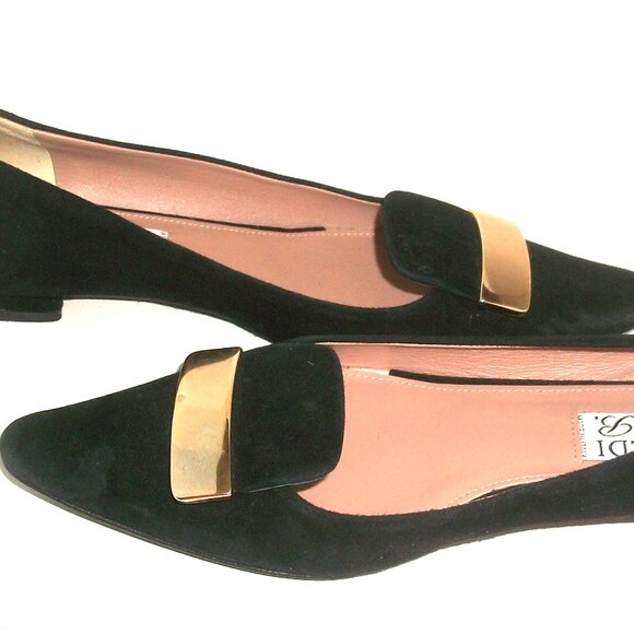 Pancaldi for Diane B Pointy Black Suede Flats with Gold Metal Detail 6.5M - Picture 1 of 10